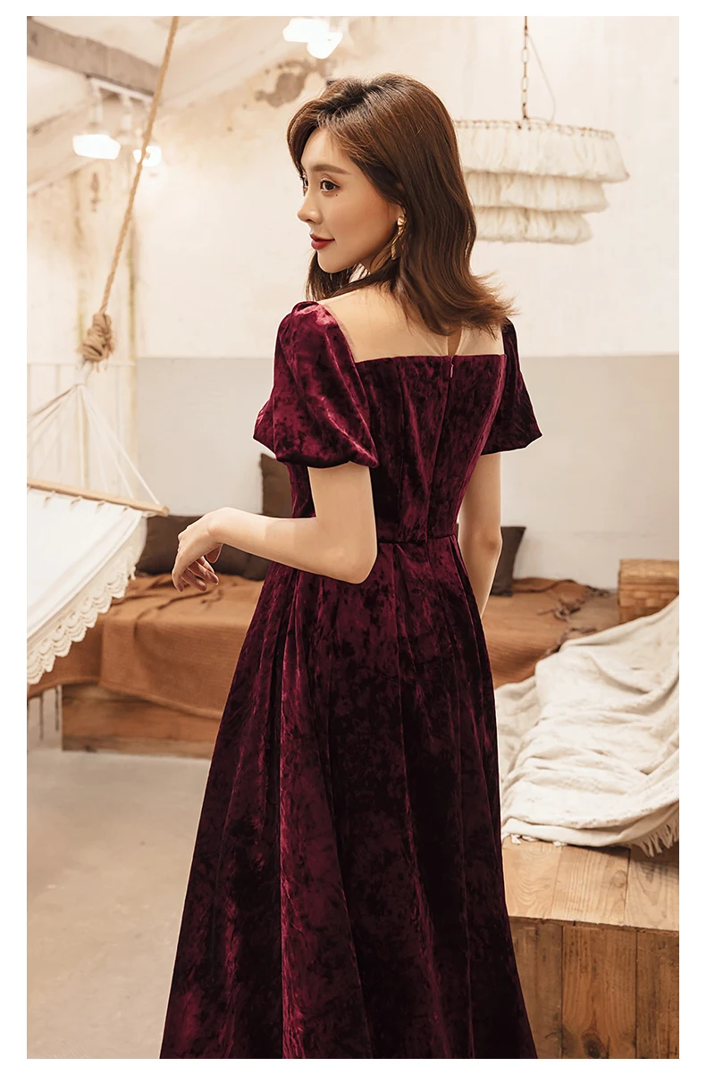 YIGELILA New Arrrivals Deep Wine Dress Solid O-neck Puff Sleeves Vintage Dress Short Sleeves With Button Mid-calf Dress 65336