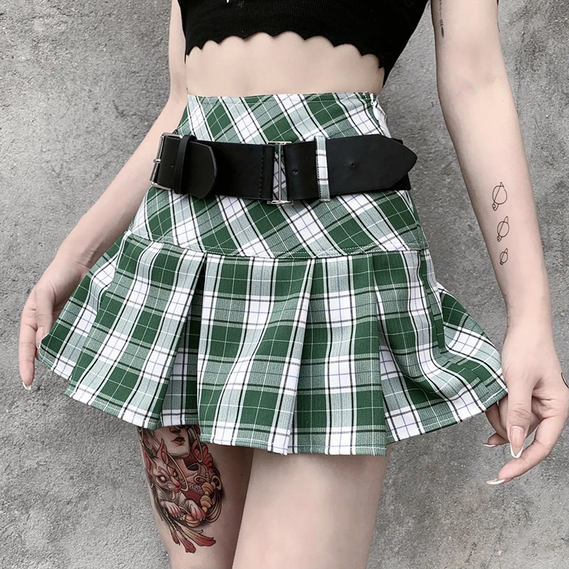 Harajuku Punk Green Plaid Pleated Skirt Women Preppy Style Mall Goth Grunge Kawaii Y2k E Girl With Belt Jk Skirt Emo Alt Clothes Skirts Aliexpress