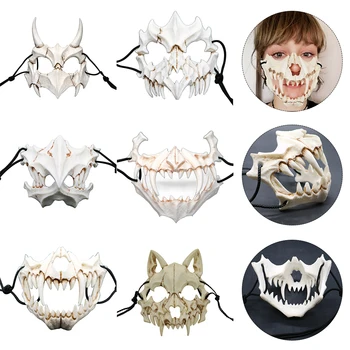 

2020 Party Mask Long Teeth Demon Samurai White Bone Mask Tengu Dragon Yaksa Tiger Resin Mask Cosplay Halloween Props Accessories