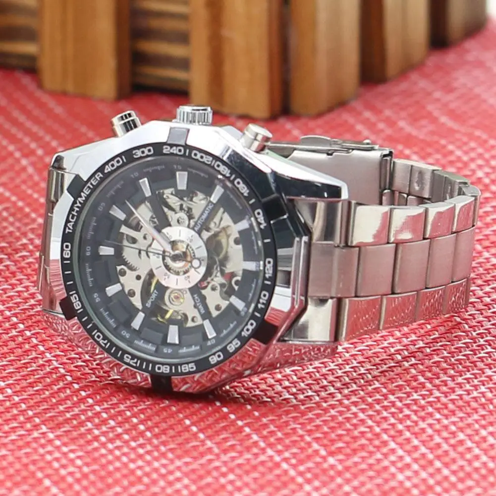 Men's Hollow Skeleton Dial Automatic Mechanical Stainless Steel Band Wrist Watches for Men