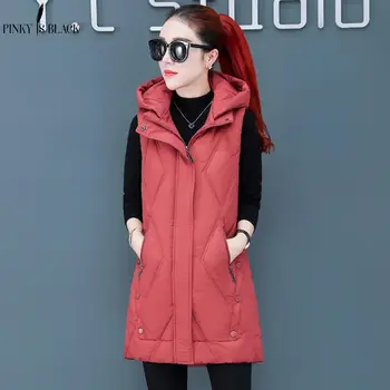 

PinkyIsBlack New Winter Women Vest Jacket Windproof Warm Long Cotton Winter Waistcoat Casual Sleeveless Hooded Femme Coat Veste