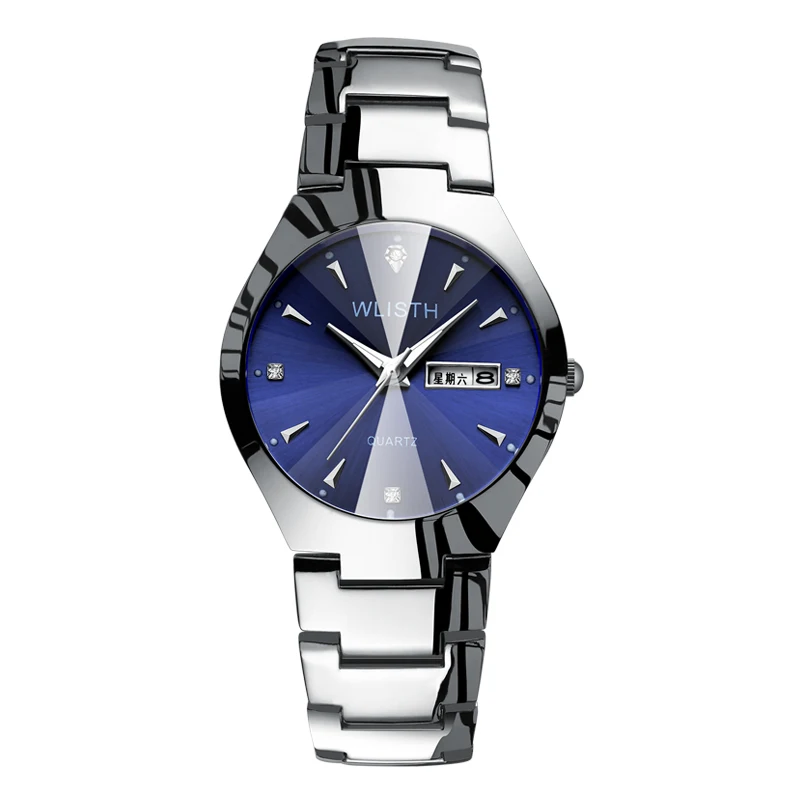 men silver blue WLISTH водонепроницаемые парные часы из вольфрамовой стали, розовые женские часы с календарем, кварцевые часы Zegarek Damski - Цвет: men silver blue