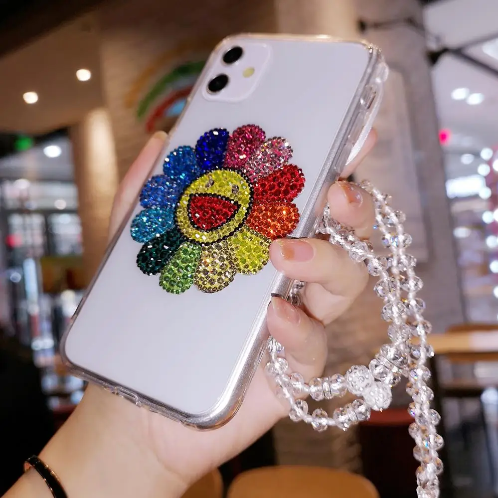 Роскошный чехол для huawei P30 pro с цветком от солнца и кристаллами для huawei p20 mate 20 mate30 nova5 Модный чехол для девушек+ ремешок - Цвет: case and strap
