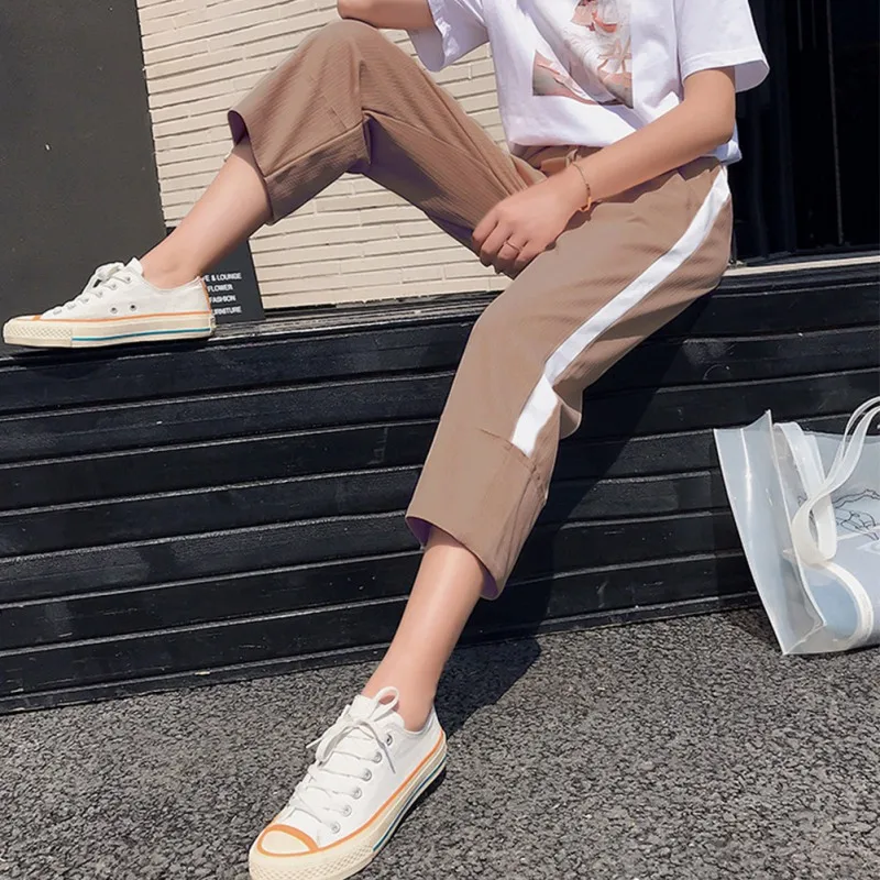 

Pants For Women Summer Solid Color Loose Wide Leg Plus Size Loose Elastic High Waist Tie Straight Casual Khaki Apricot Nine Pant