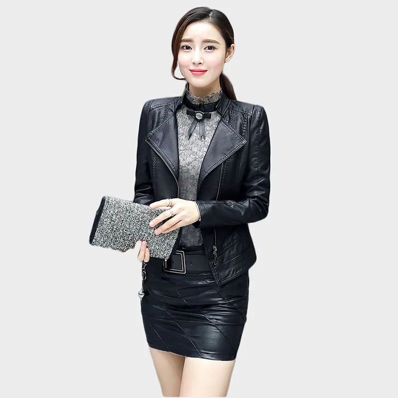 

Lady clothes set Stylish clothes leather coat Women leather jacket 2 piece set PU short jackets + Short skirt High quality 82