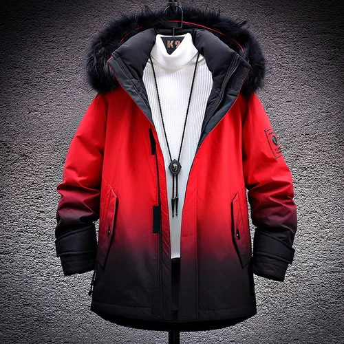 Зимняя японская Мужская Рабочая куртка с капюшоном, большой меховой воротник, градиентный цвет, пуховик, модная теплая куртка для кампуса - Цвет: red
