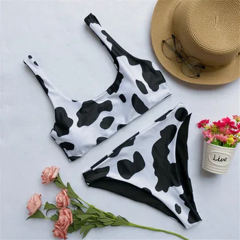 

New Beach Biquini Female Cow Print Bikini Women Sport Blue Swimwear 2020 White and Black Plaid Swimsuit May Bathing Suit