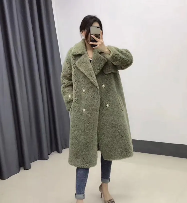 GREEN Женское Шерстяное зимнее пальто женское пальто из натурального меха костюм воротник женский толстый теплый двубортный карман свободные длинные парки куртка - Цвет: GREEN