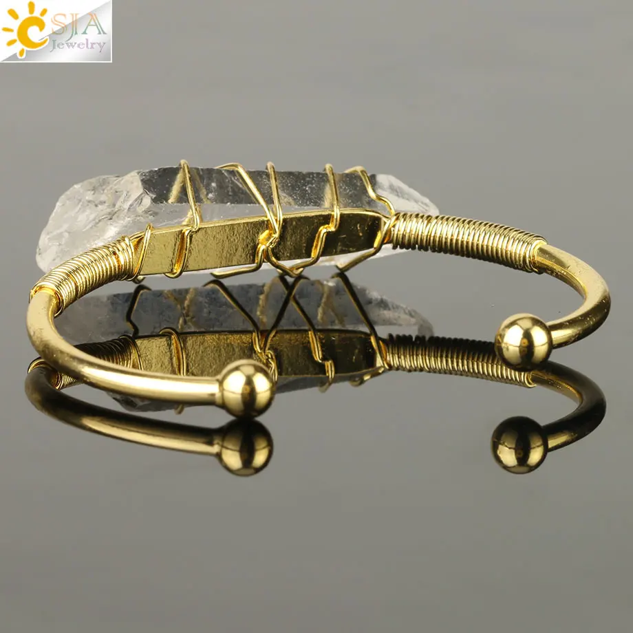 CSJA Natural Stone Clear Quartz Bangles Open Cuff Bracelet Wire Wrap Irregular Crystal Stones Copper Bangle Female Jewelry G168