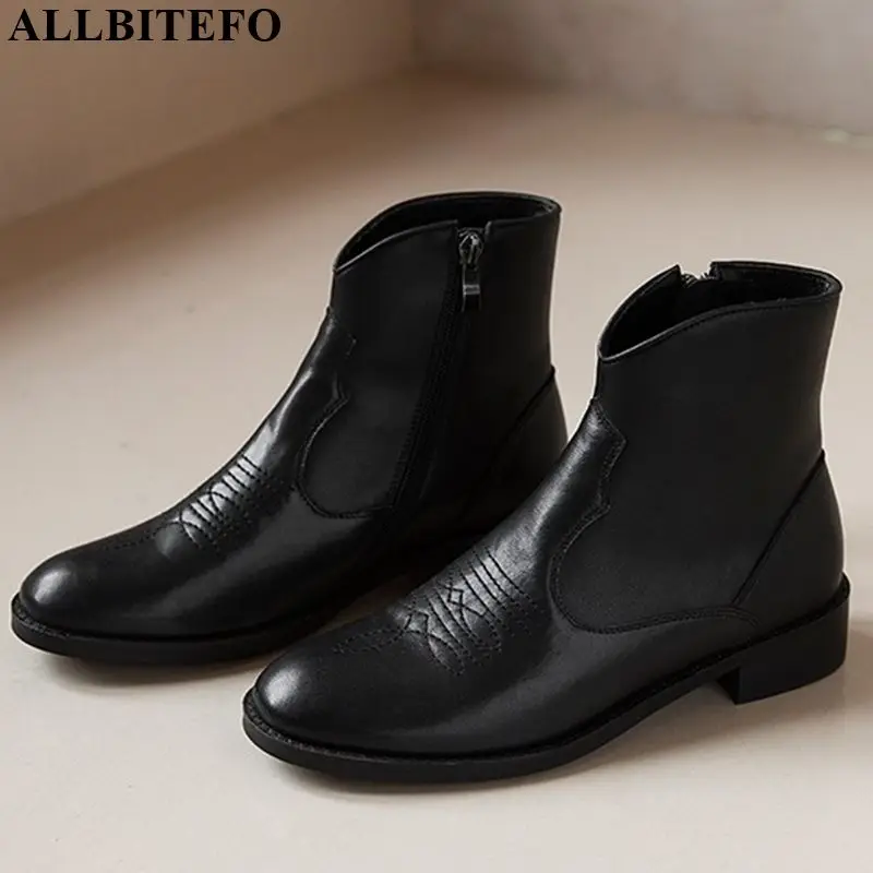 

ALLBITEFO real genuine leather women boots embroidery thread ankle boots Autumn Winter Pure color fashion boots comfortable