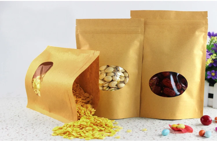 

18*26+4cm 300pcs Stand Up Clear Oval Window Brown kraft paper bags with Zipper lock for Food/Tea/Nut Resealable Packaging Bag