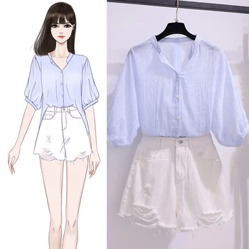 

Summer Casual Suits Brief Sweet Striped Blouse Shirt Hole white Jeans Short Two Piece Women Clothing Sets