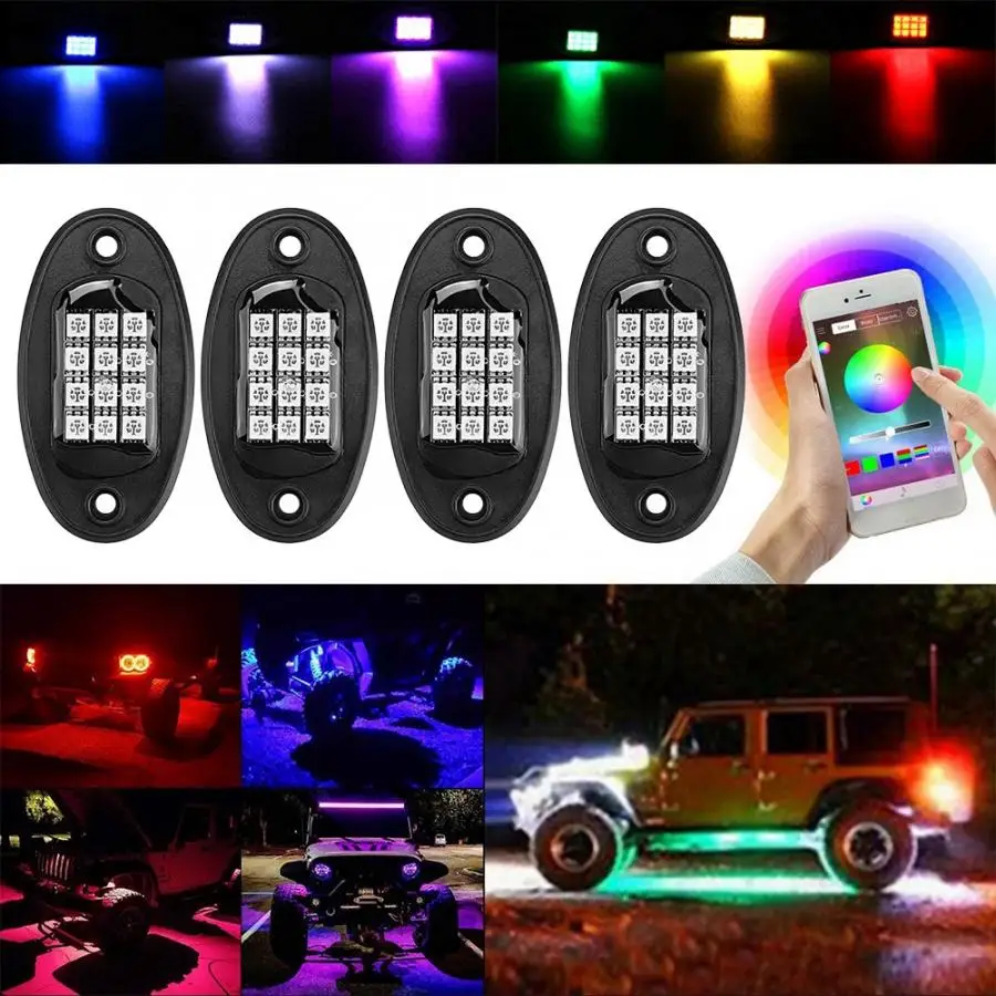 4 шт. RGB светодиодный мигающий Многоцветный рок свет подсветка нижней части света Bluetooth беспроводной