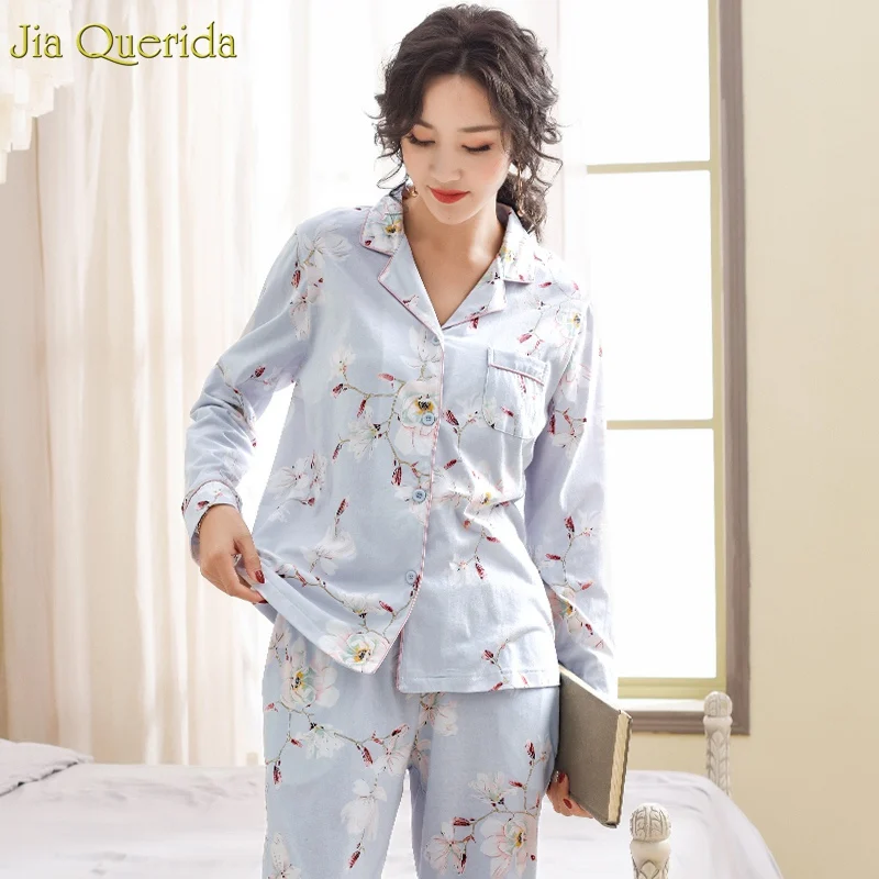 Pajamas For Women New Pure Cotton Women Home Suit XXXL Grey Floral Lapel Cardigan Top+Long Bottoms 2 Pcs Women Pajamas