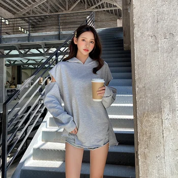 

2020 New Sexy Long Sleeve Hollow Out Hoodies Womens Spring Fashion Hooded Pullovers Female Gray/White Casual Sweatshirt
