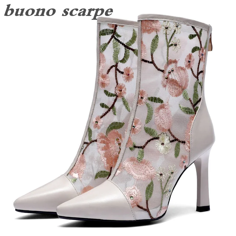 

Ladies stilettos 2019 spring and summer new all-skin national wind embroidered breathable mesh boots short tube pointed boots