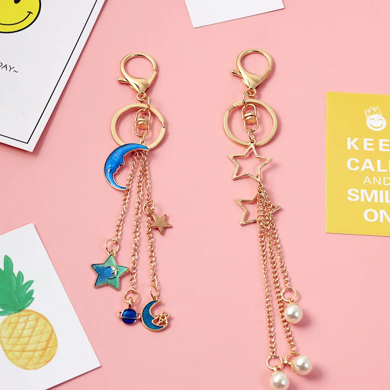 

Space Moon Star Imititated Peal Tassels Keychains Cute Cartoon Car Bag Pendent Charm Women AirPods Accessories Key Chains