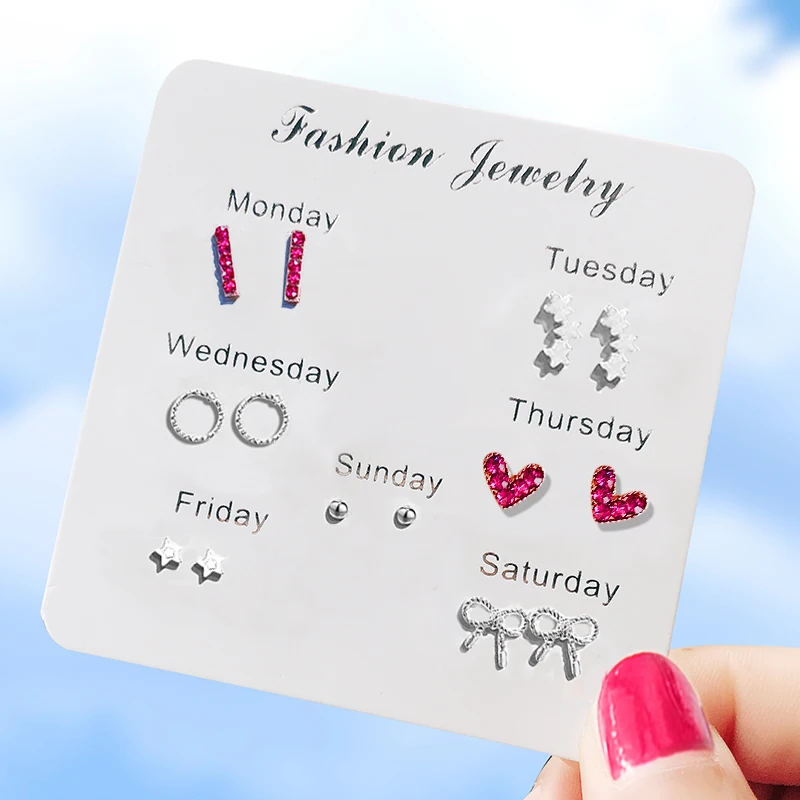 

7 Pairs/set One Week Earring Set Fashion Crystal Heart Star Stud Earrings For Women Mini Brincos Valentine's Day Gift EK162