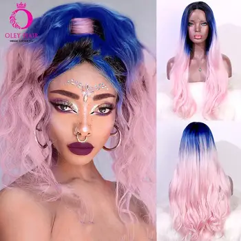 

OLEY Hair Long Wavy Ombre Black Wig Heat Resistant Pink Synthetic Lace Front Wig Cosplay Blue Drag Queen Wigs For Black Women