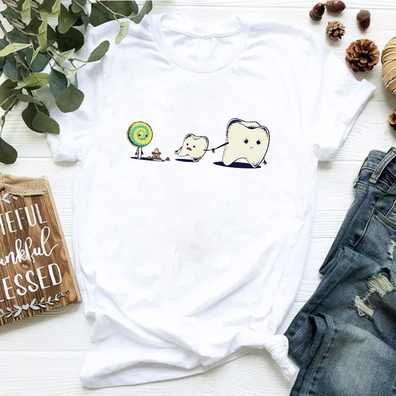 

2021 New Summer Cartoon Fun tooth Graphic T Shirts Women Casual Short Sleeve Tee Shirt Femme Harajuku Fashion Top Tshirt Clothes