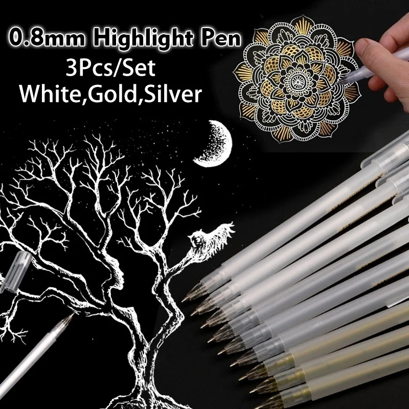 Premium White Gel Pen Set 0.6mm Fine Tip Sketching Pens for Artists Black Papers Drawing Design Illustration Art Supplies 3Pcs