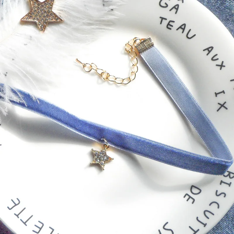 Готический темперамент синий кружевной бархатный колье ожерелье для женщин короткое ожерелье-чокер для шеи ключицы новые ювелирные подарки FS10 - Окраска металла: star
