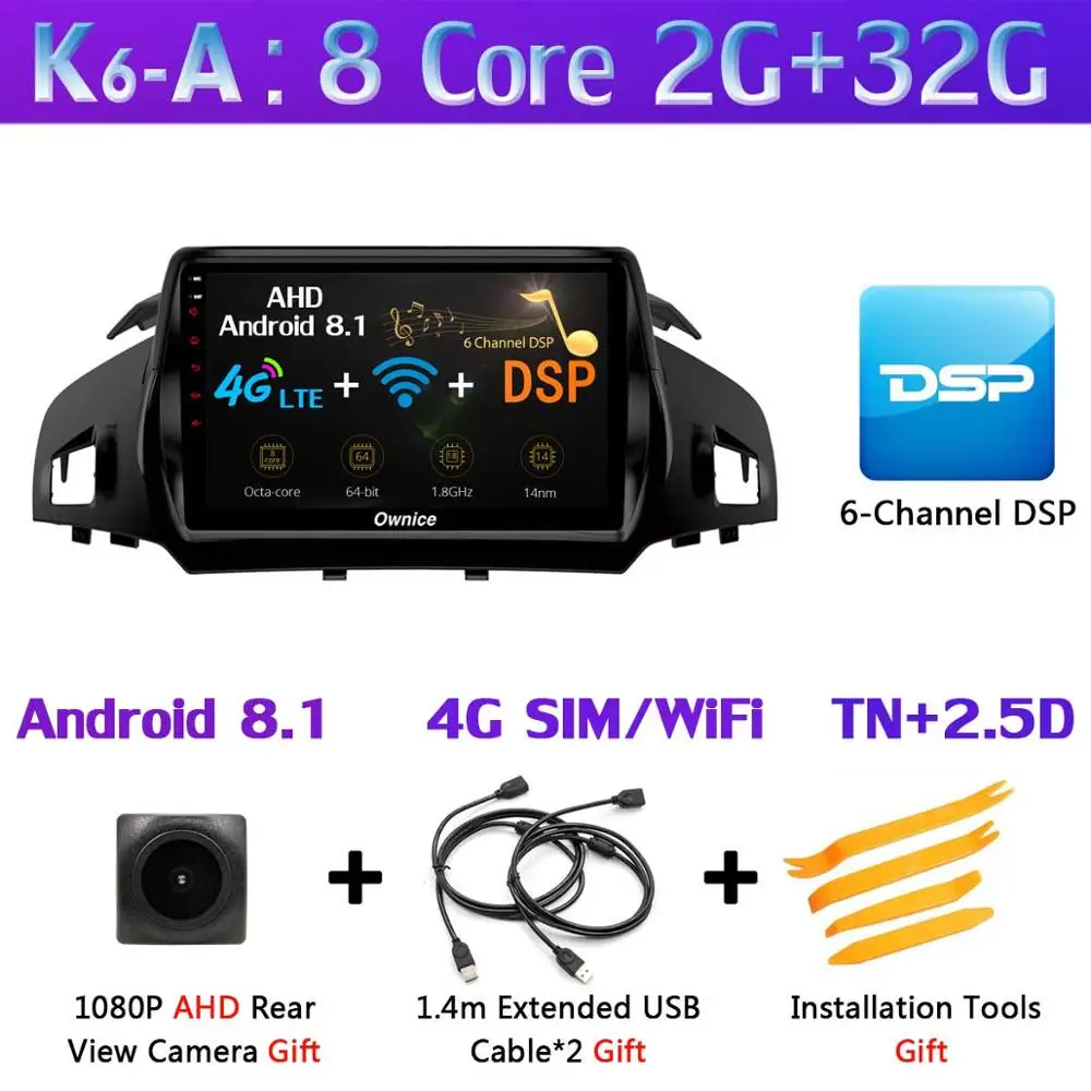 K6-A 360 ° панорамная 4 × камера 4G LTE Android 9,0 4G+ 64G SPDIF DSP CarPlay автомобильный мультимедийный плеер для Ford Kuga 2013- C-Max gps радио - Цвет: K6-A