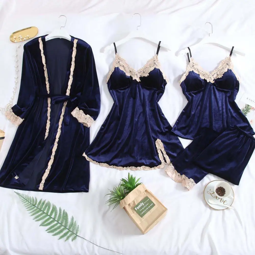 Золотой бархатный халат Весенняя Осенняя Пижама комплекты из 4 предметов женский элегантный кружевной халат пижамы одежда для сна без рукавов Шелковый Халат - Цвет: Navy blue