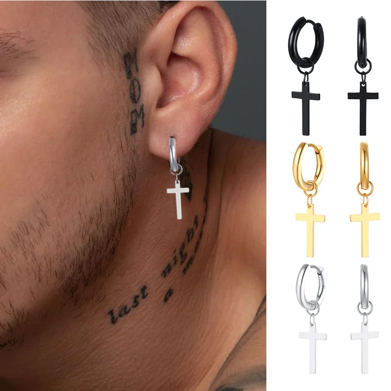 Stainless Steel Earring with Cross Charm for Guys Men's Jewelry