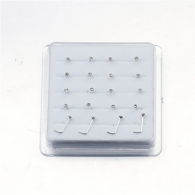 20PCS/Box Sterling L Shape Nose Stud Ring 2mm Clear Crystal Nose Piercing Body Jewelry nose piercings