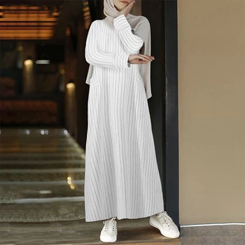 Muslim Dresses Striped Cotton Linen Kaftan Vintage Maxi Sundress Women Casual Long Sleeve Long Dress Female Robe Vestidos 2021 1