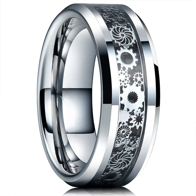 FDLK   8 Colors 8mm Men's Stainless Steel Dragon Ring Inlay Red Green Black Carbon Fiber Ring Wedding Band Jewelry Size 6-13 Gear Silver