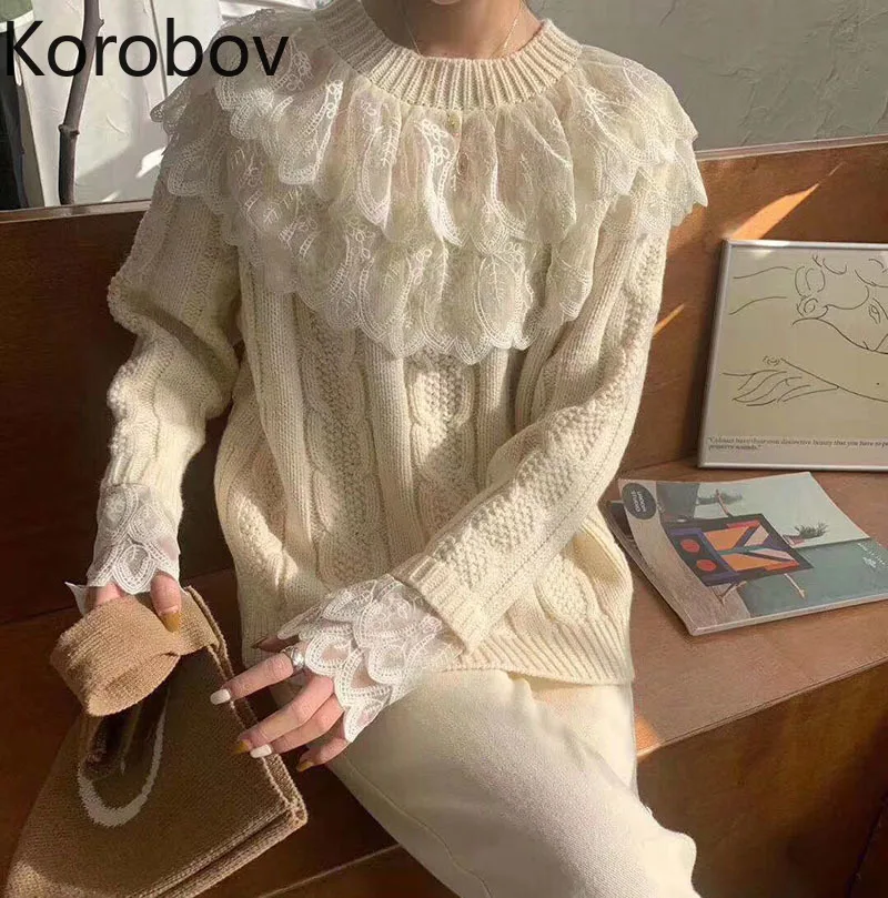 Korobov осень зима женские кружевные лоскутные женские свитера с круглым вырезом и оборками с длинным рукавом Sueter Mujer элегантные пуловеры 79510