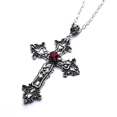 Detailed Cross Drill Jewel earrings Silver Color Tone Gothic Punk Jewellery Fashion Charm Statement Women Gift(Red