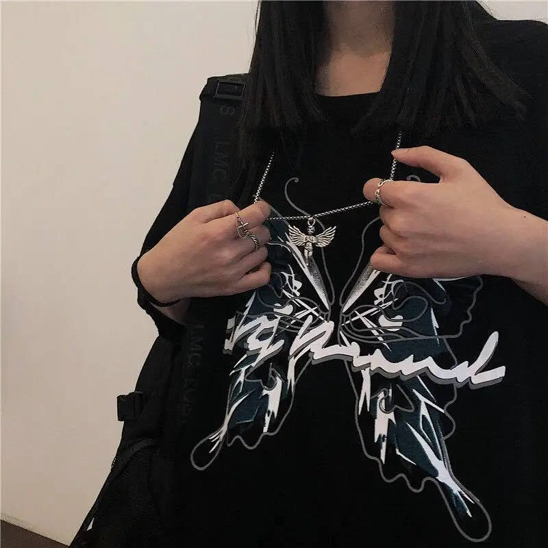 Goth Streetwear Short Sleeve Top Tee Female Kawaii y2k mujer gothic футболка Harajuku butterfly Print Black Crop Women T-shirts