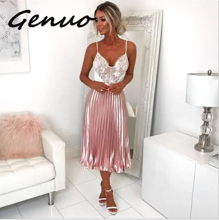 Genuo, новинка, шикарная плиссированная шелковая сатиновая юбка металлик, высокая талия, женская летняя юбка миди, элегантная, розовая, серебряная, Saia Femme