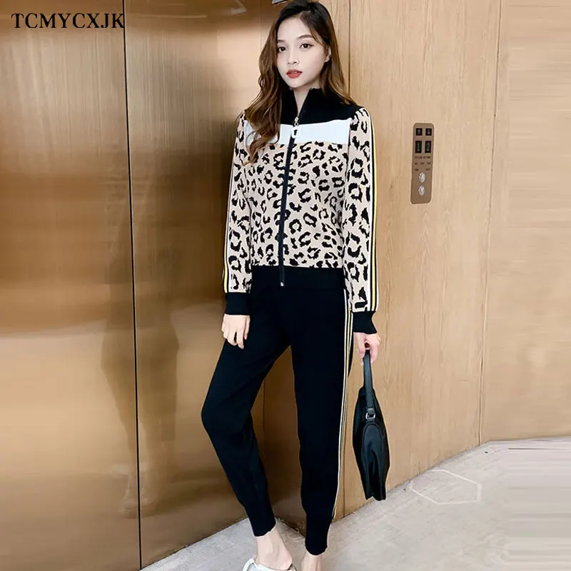 2022 Spring And Autumn New Sports And Leisure Women's Suit Leopard Knit Cardigan Sweater Jacket Two-piece Suits Pants Sportswear matching lounge set Women's Sets