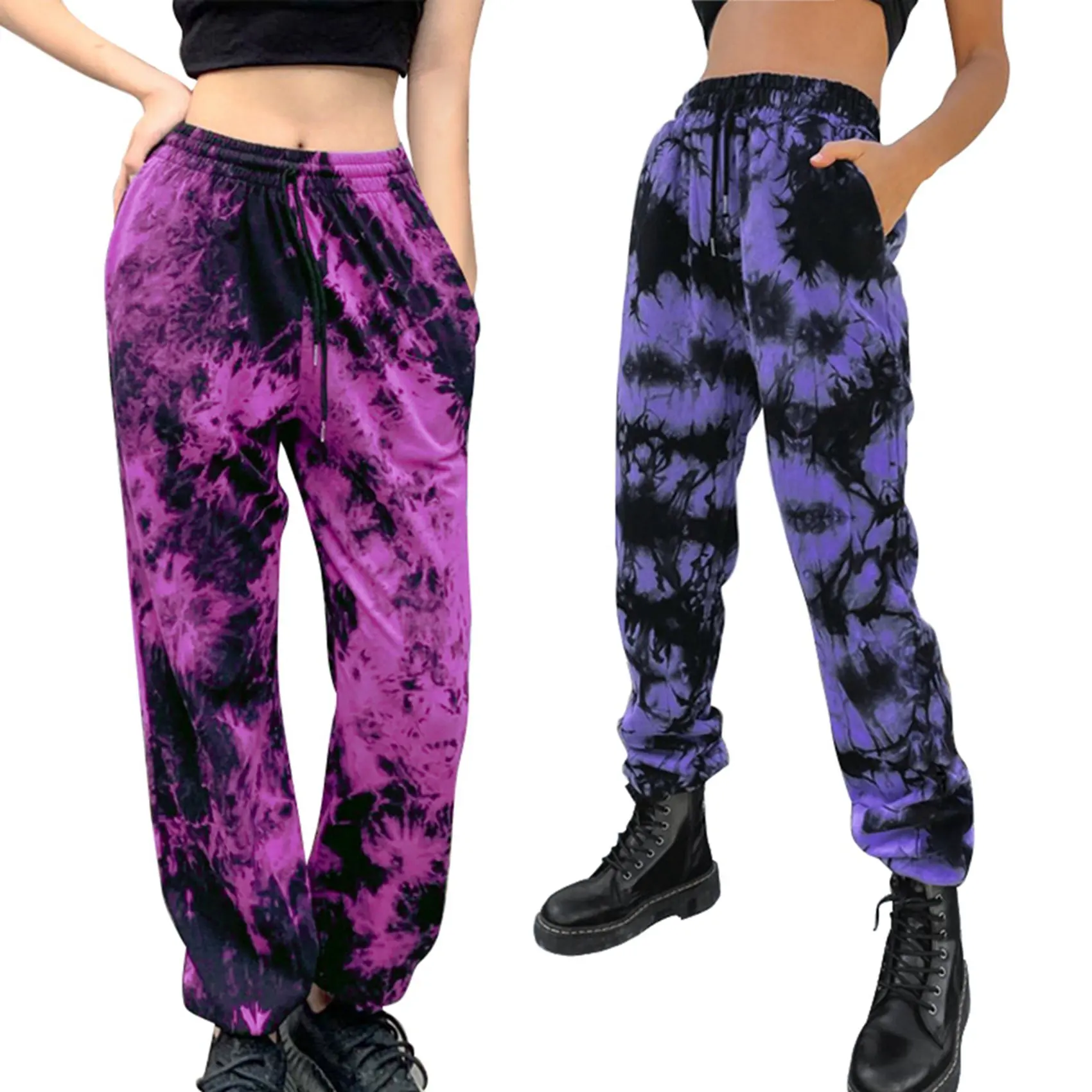 Hot Kf-2PCS Women Tie-Dye Sweatpants Loose Drawstring Pants High Waist Baggy Joggers Trousers Fuchsia & Purple | Женская одежда