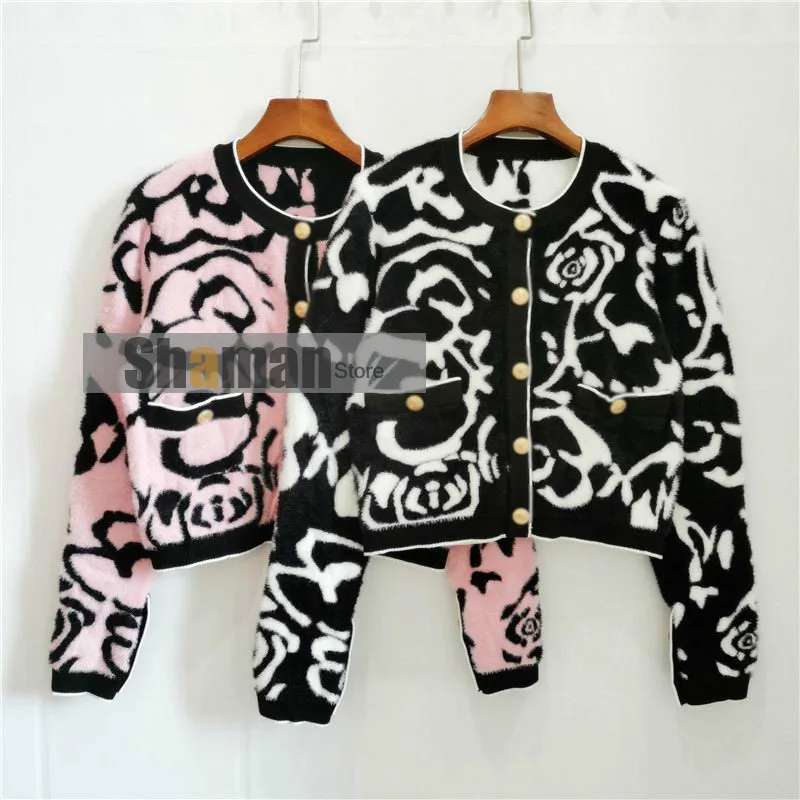 

Luxury Designer fall 2020 soft faux Mink Camellia jacquard O Neck Knitted cropped Cardigan women Long Sleeve Sweater cardigans