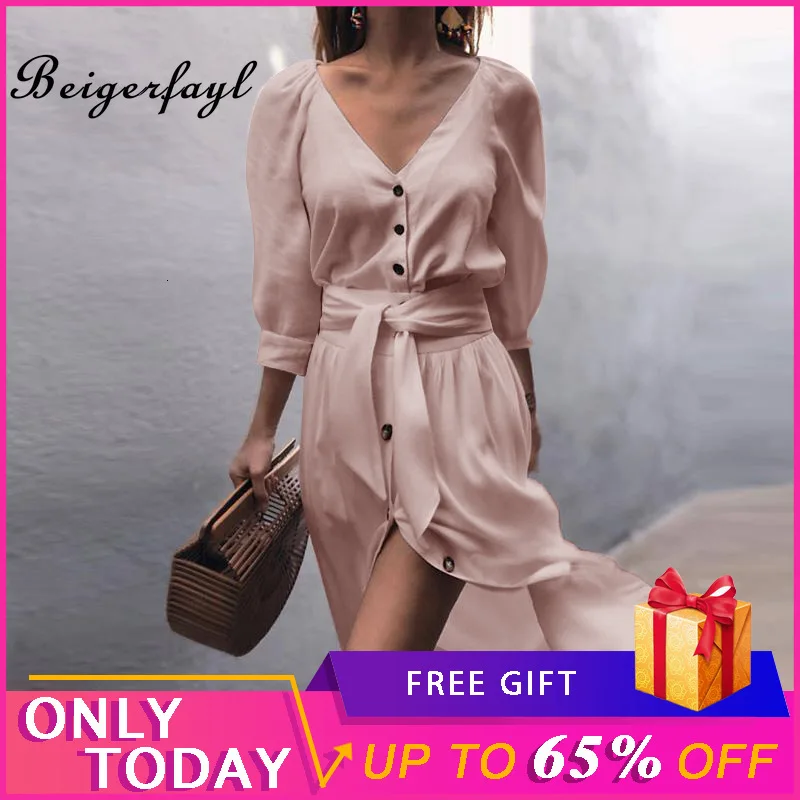 

Beigerfayl V Neck Slim Fit Button Summer Dress 2019 New Arrival Solid Color Cotton Half Sleeve Latern Sleeve Dress Belt 3158