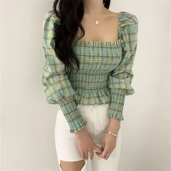 

Alien Kitty Plaid Chic Korean Elegance Sweet All Match 2020 Girls Gentle Women Blouses Square Collar High Waist Short Shirts