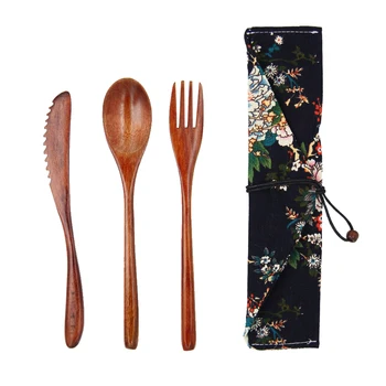 

Wood Portable Tableware Wooden Cutlery Sets Travel Dinnerware Suit Environmental with Cloth Pack Gift