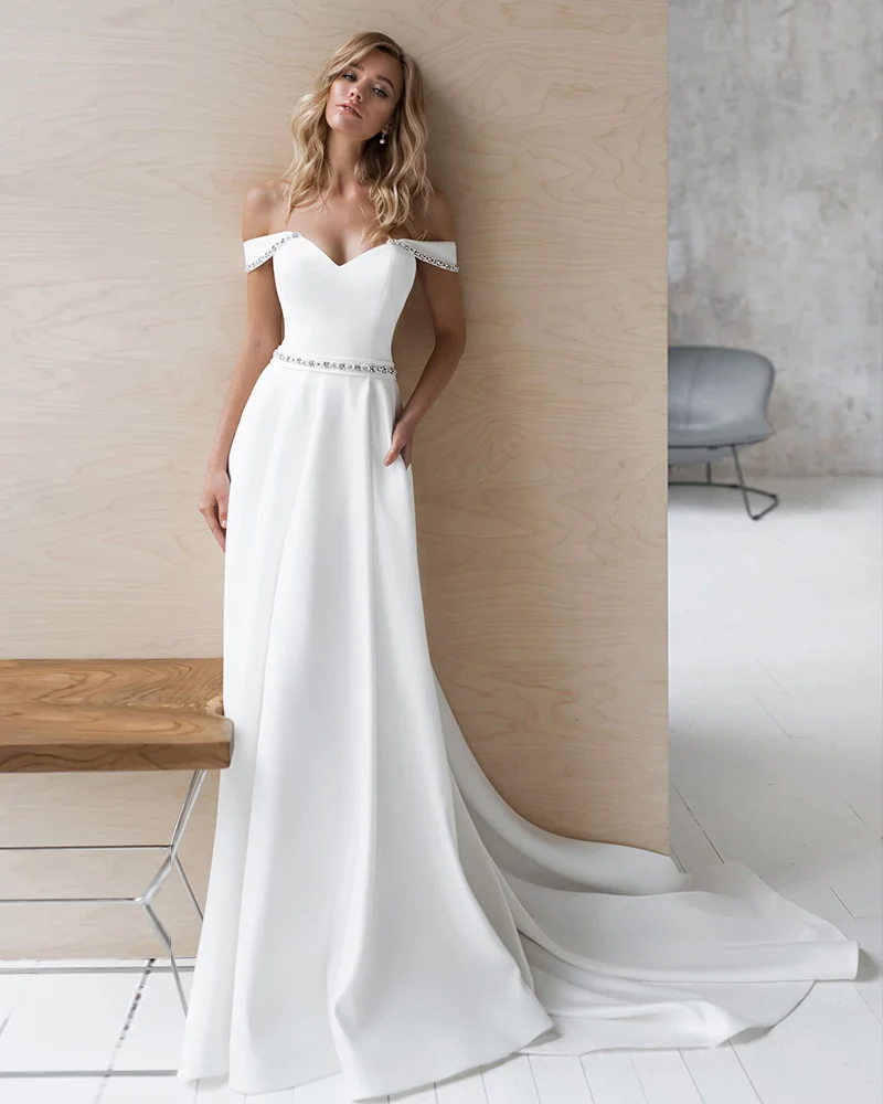 

Custom Made Sheath Wedding Dresses Bestidos De Novia Off Shoulder Short Sleeve Sweetheart Neck Beading Crystal Satin Gowns