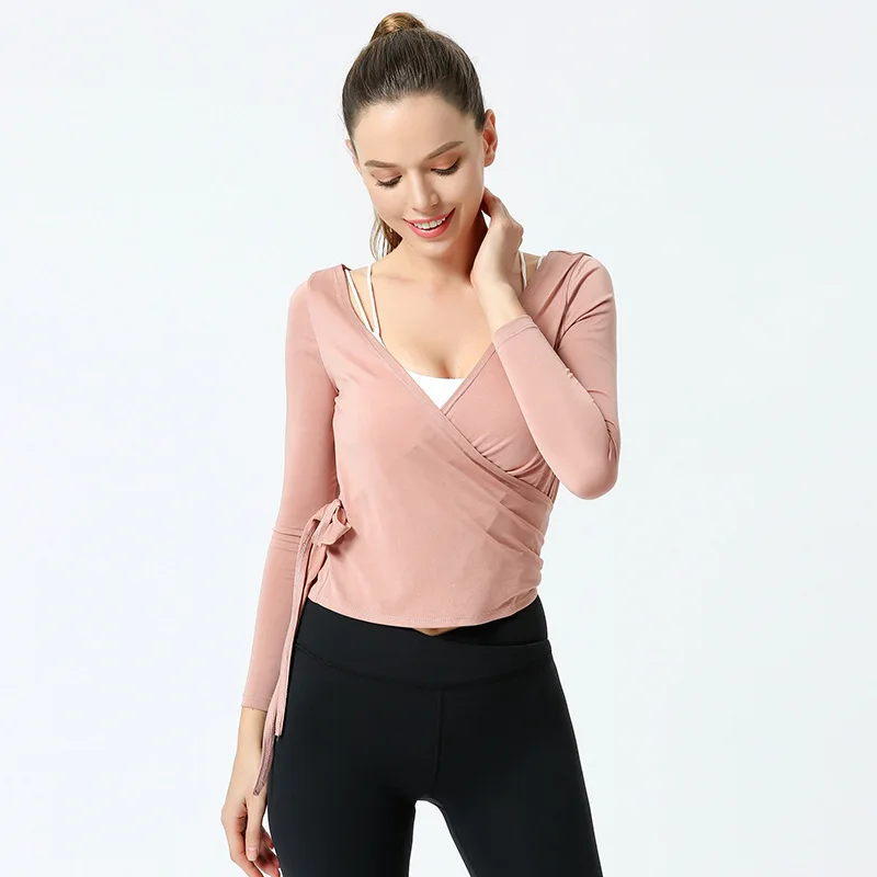 

Autumn New Style Bandage Cloth Waist Hugging Yoga Woman V-neck Tight Tops Long Sleeve Sports Gym Clothes Slimming Body-hugging