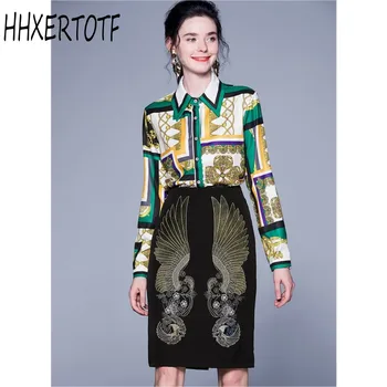 

spring autumn Fashion Designer Runway Suit Set Women's Long Sleeve Vintage Printed Shirt + High Waist Embroidery Skirt 2 Piec