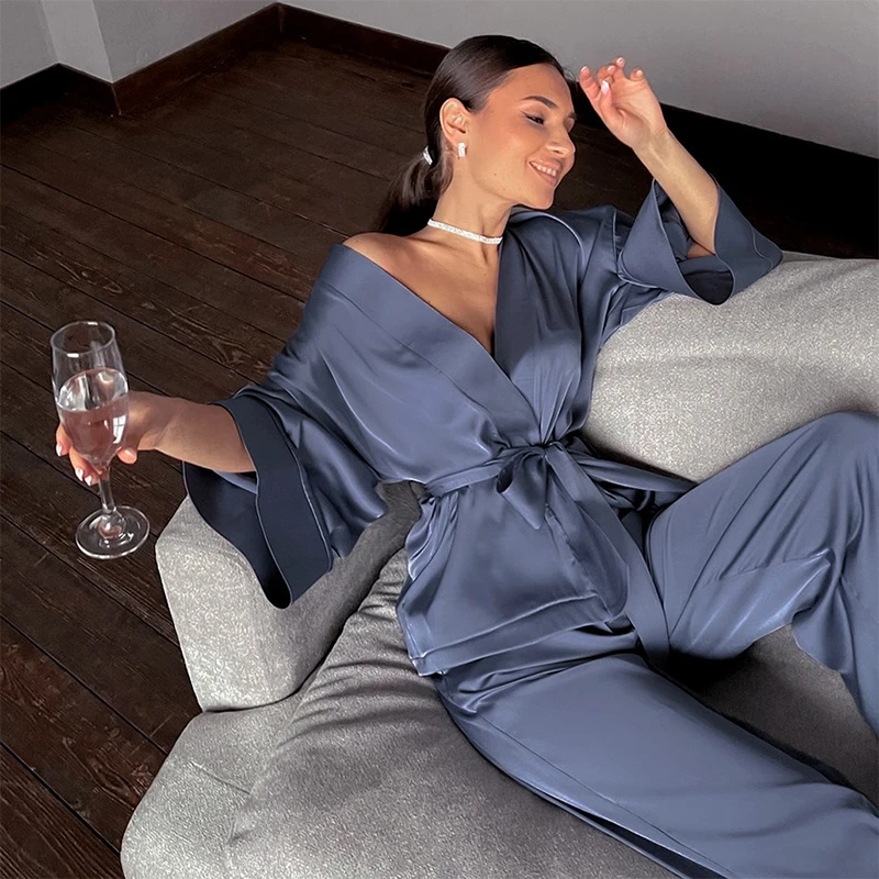 XIKUO Solid Color Pajamas for Women Loose and Comfortable Sleepwear Satin Cardigan Lace Up Women's Dressing Gown Sets Home Suit sexy pajama sets for women