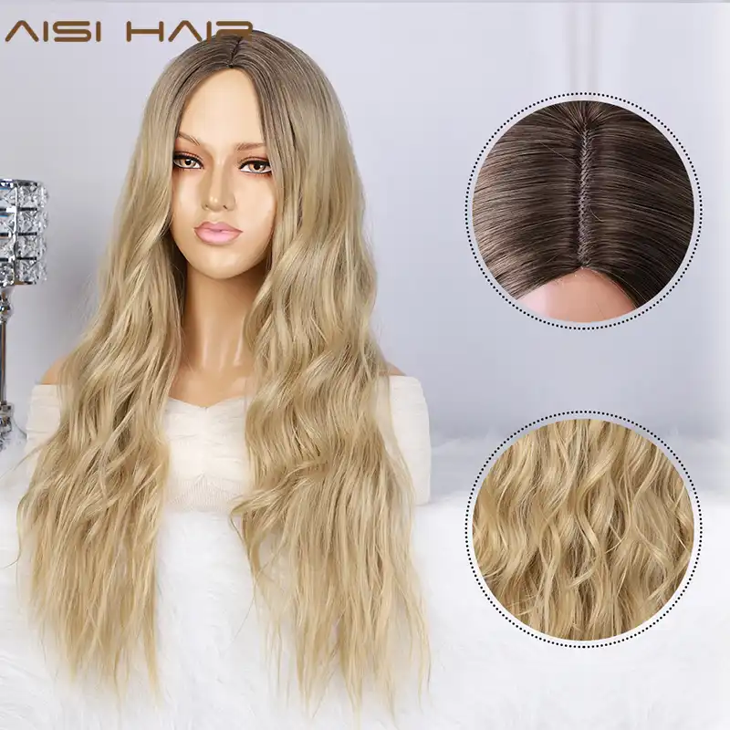 Aisi Hair Long Wavy Ombre Blonde Wig Platinum Blonde Synthetic