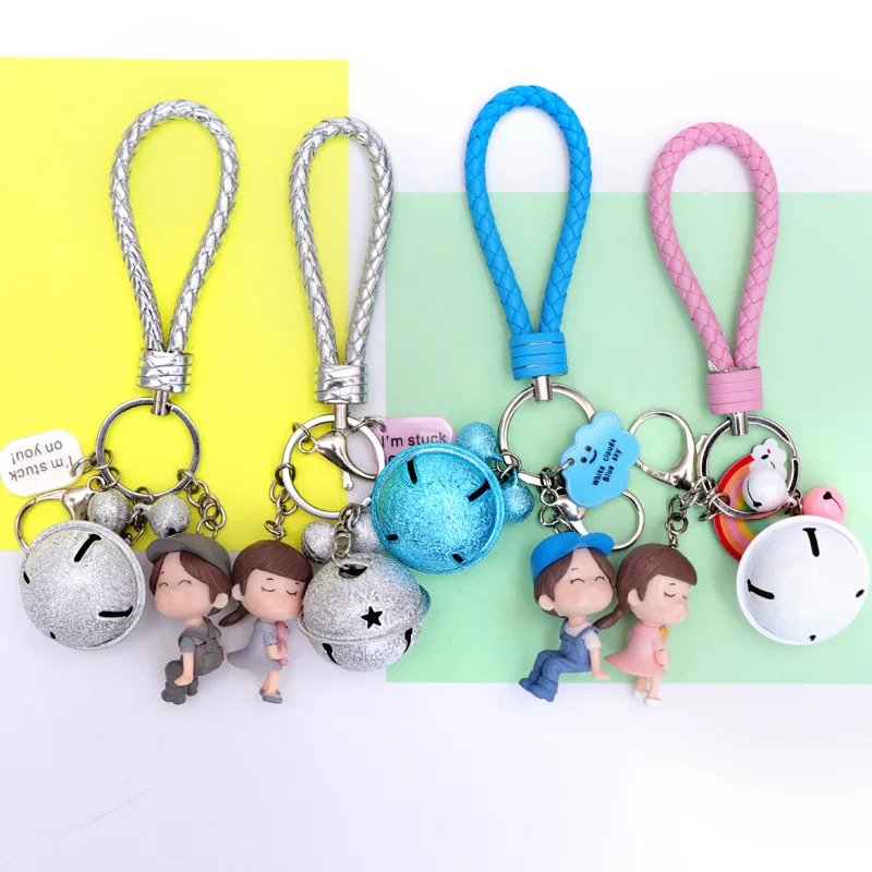 Cartoon cute girl and boy style leather rope bell key chain PVC Figure Keyring Toy Keychain Keyholder Birthday Gifts | Игрушки и хобби
