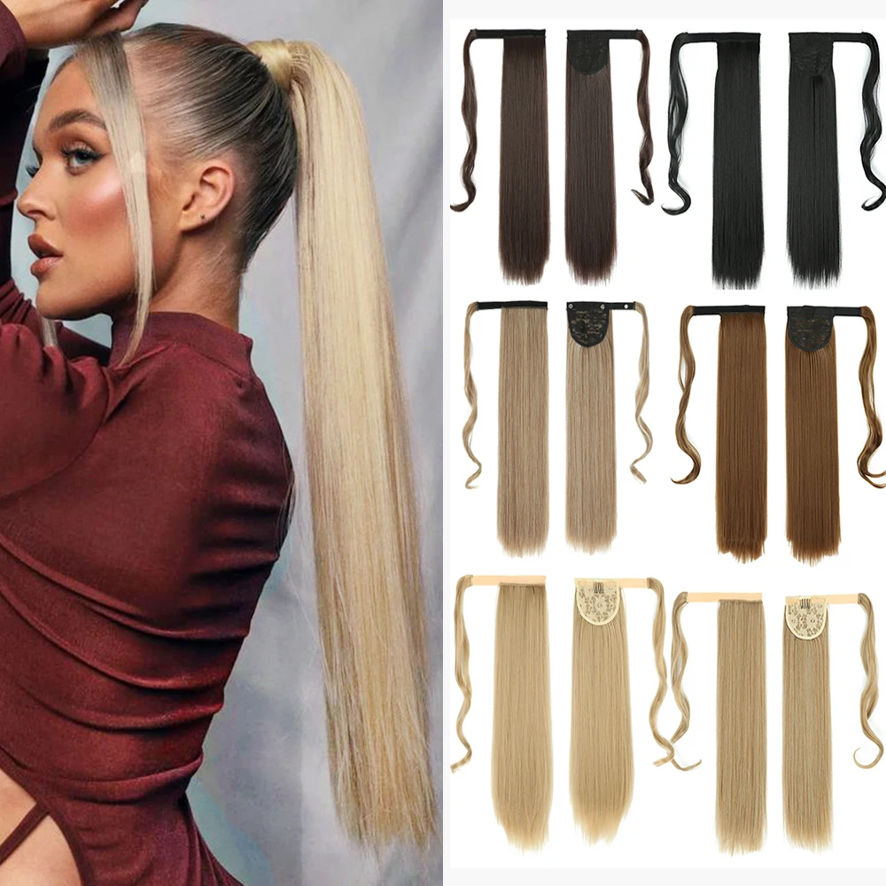 My-Diva 22Inchs Long Straight Synthetic Ponytail Hair Extension Heat Resistant Wrap Around Chip-in Black Pony Golden Fake Hair