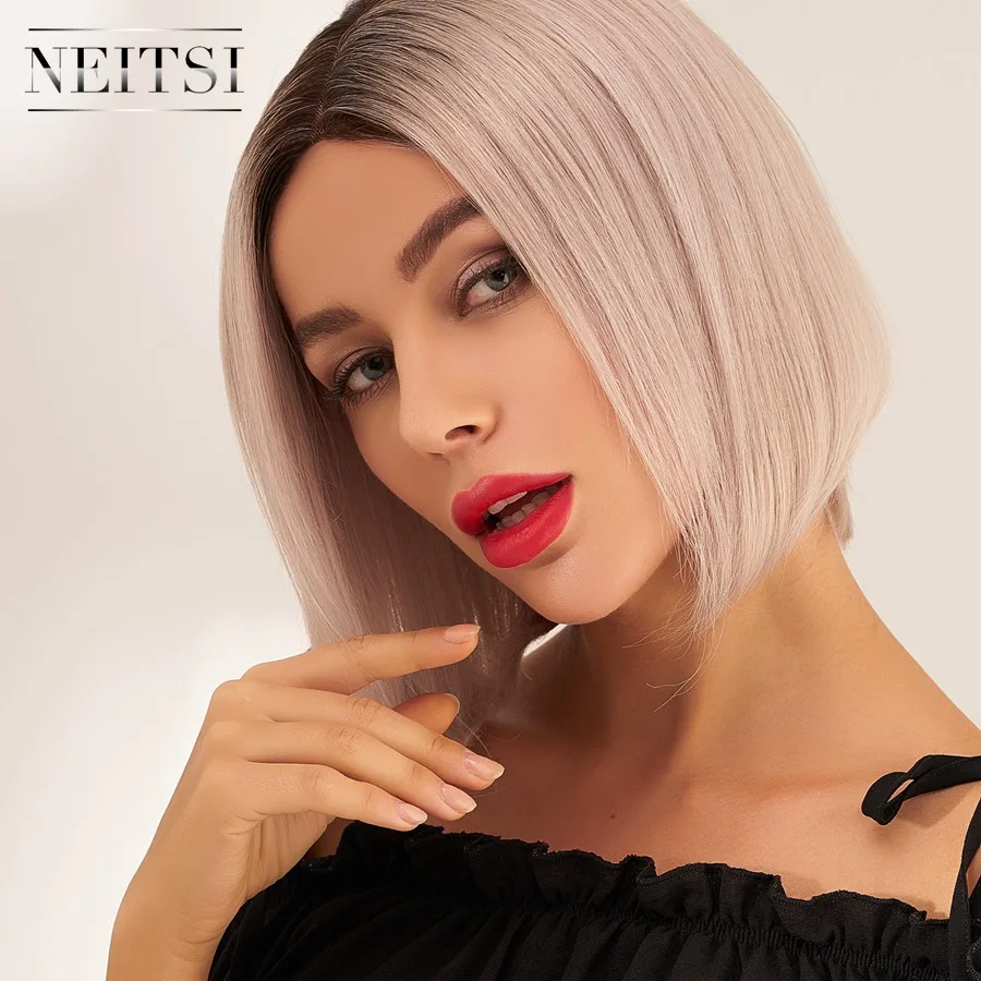 Neitsi Silver Pre Plucked Short Remy Human Hair Wig Natural Hairline Handtied Half Lace Bob Wigs 10" 12" 150% Denisty 130g/pc
